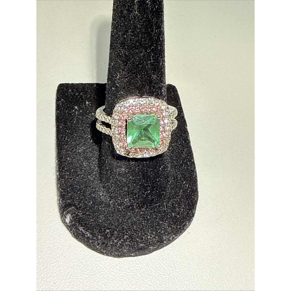S925 Sterling Silver Emerald Green Halo Statement Ring Pink Clear Size 7